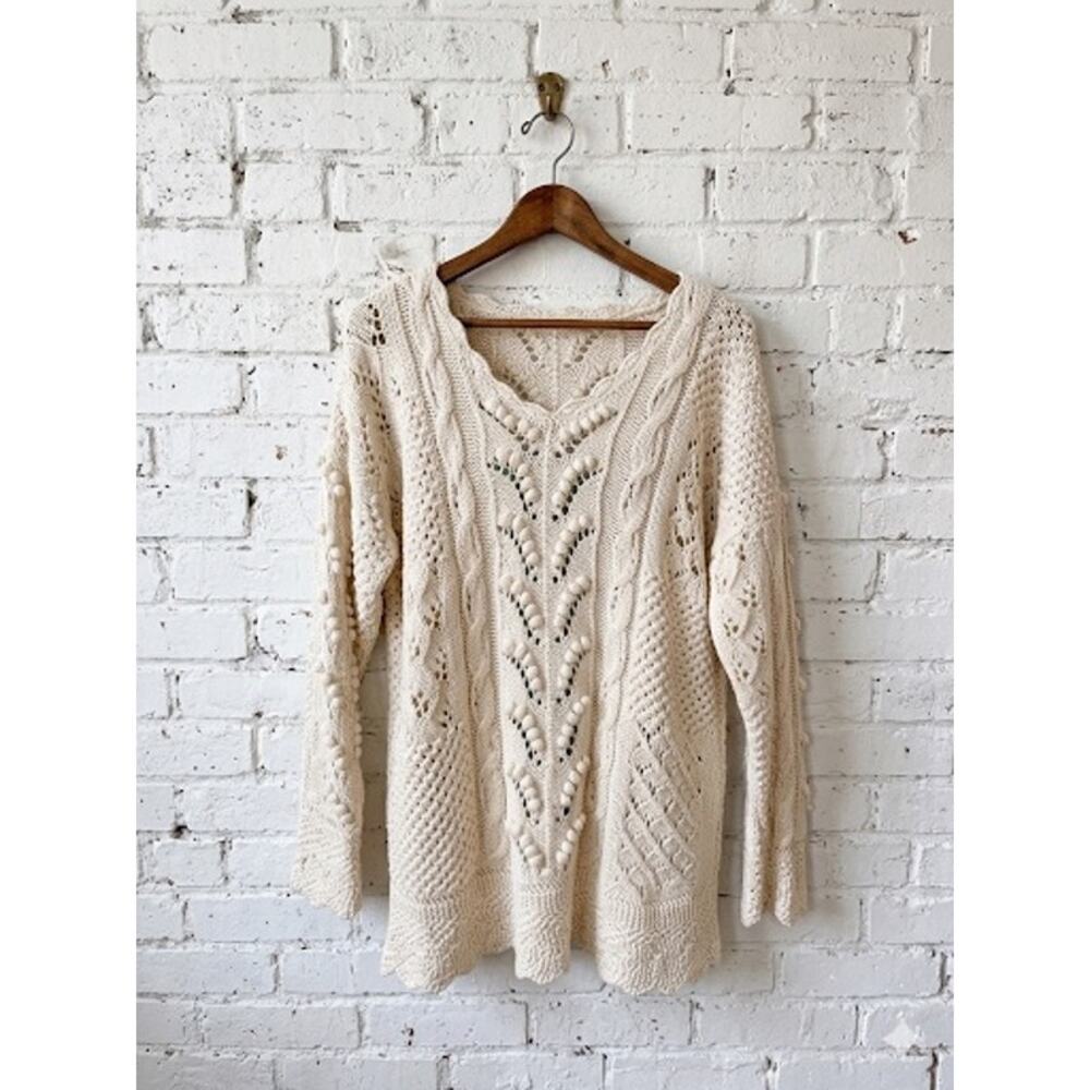 VINTAGE EXPRESS Cie Internationale Cotton Cable Bobble Cream Sweater Dress 90s